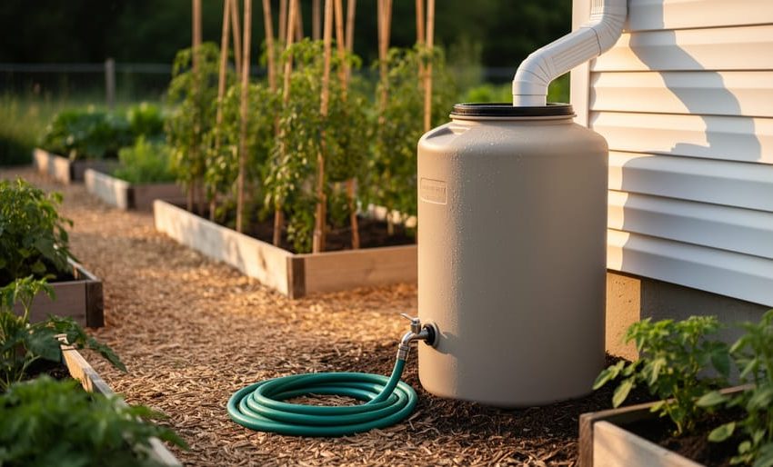 Rain barrel under a gutter downspout with diverter and attached hose in a backyard vegetable garden at golden hour, with tomato plants and a mulch path softly blurred in the background.