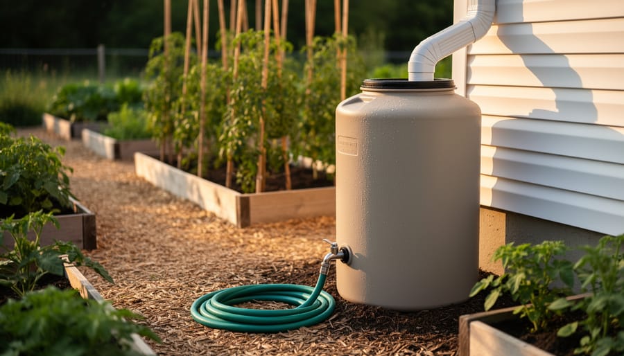 Rain barrel under a gutter downspout with diverter and attached hose in a backyard vegetable garden at golden hour, with tomato plants and a mulch path softly blurred in the background.