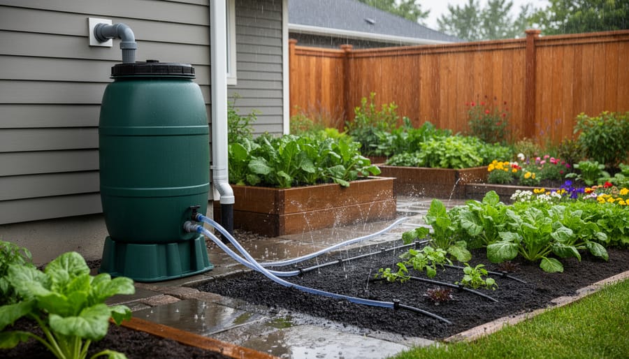 Healthy vegetable garden being watered with harvested rainwater from barrel system