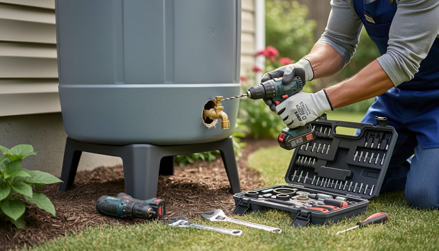 Close-up of hands drilling hole to install spigot in rain barrel