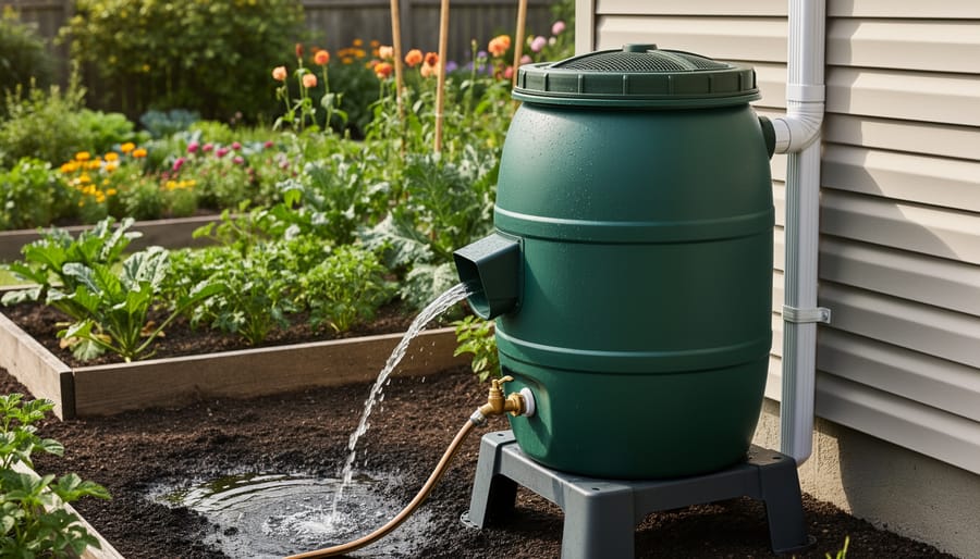 Blue rain barrel with spigot installed next to house downspout in backyard garden