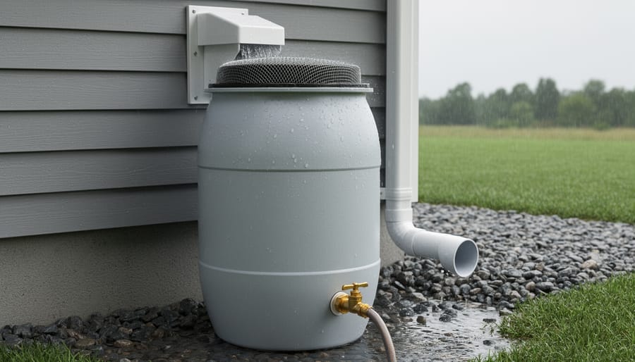 Overhead view of rain barrel installation components and tools arranged on wooden surface